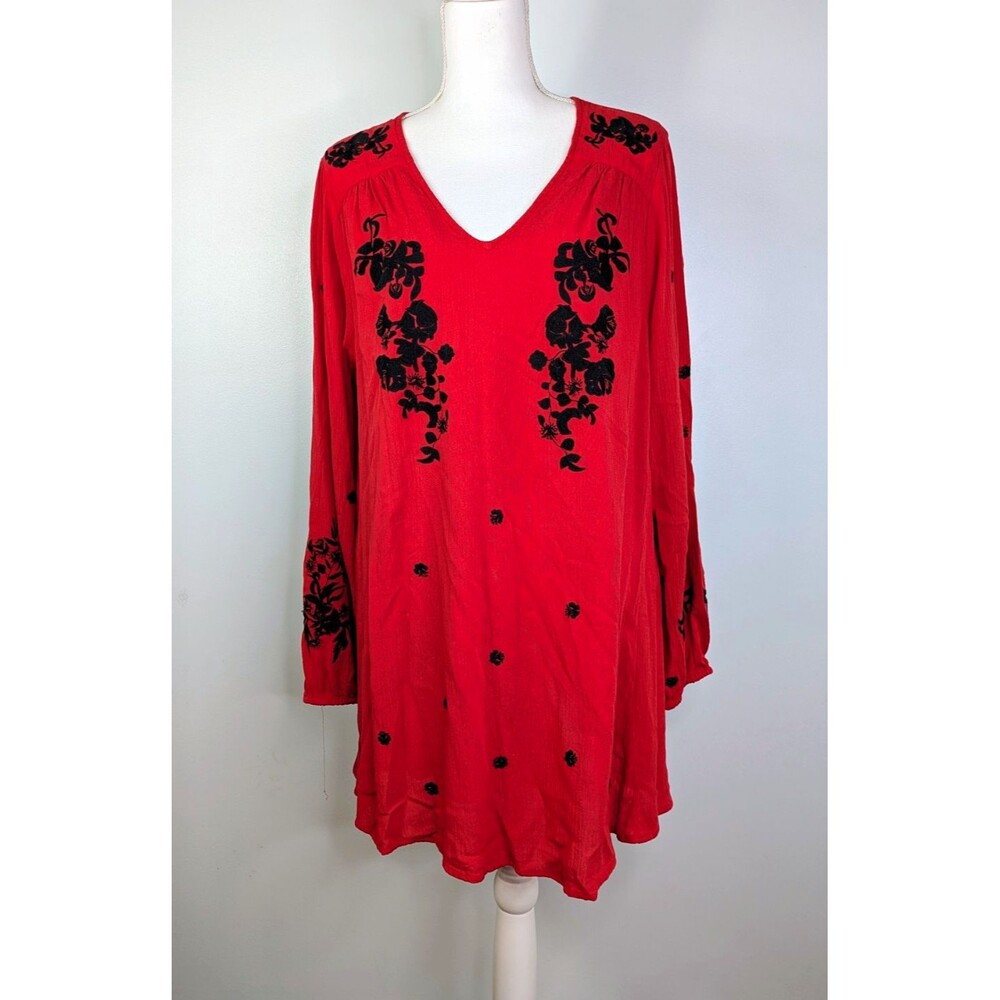 denim 24/7 Womens Plus 18W Red Floral Embroidered Blouse Top Boho Folk Whimsigot